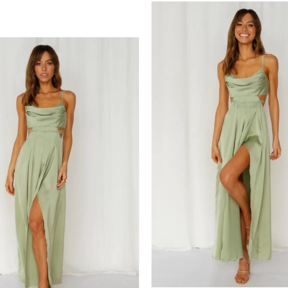 Hello Molly Sage Green Strappy Satin Cowl-Neck Midi Dress (Size L, US 8)